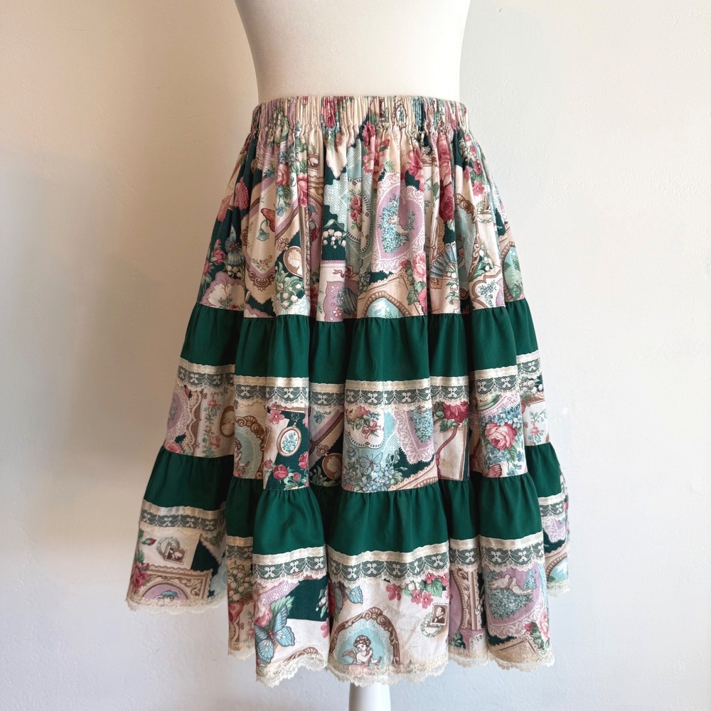 Vintage Cottagecore Prairie Skirt M Floral Lace Tiered Pitchfork Brand 80s